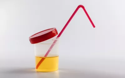 Beber orina para mejorar la salud Bote de orina con la tapa abierta y una pajita de plástico roja dentro