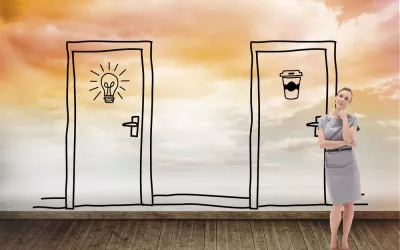 Ilustración conceptual sobre el 'efecto umbral' Mujer duda qué iba a hacer al cambiar de habitación frente a dos puertas dibujadas