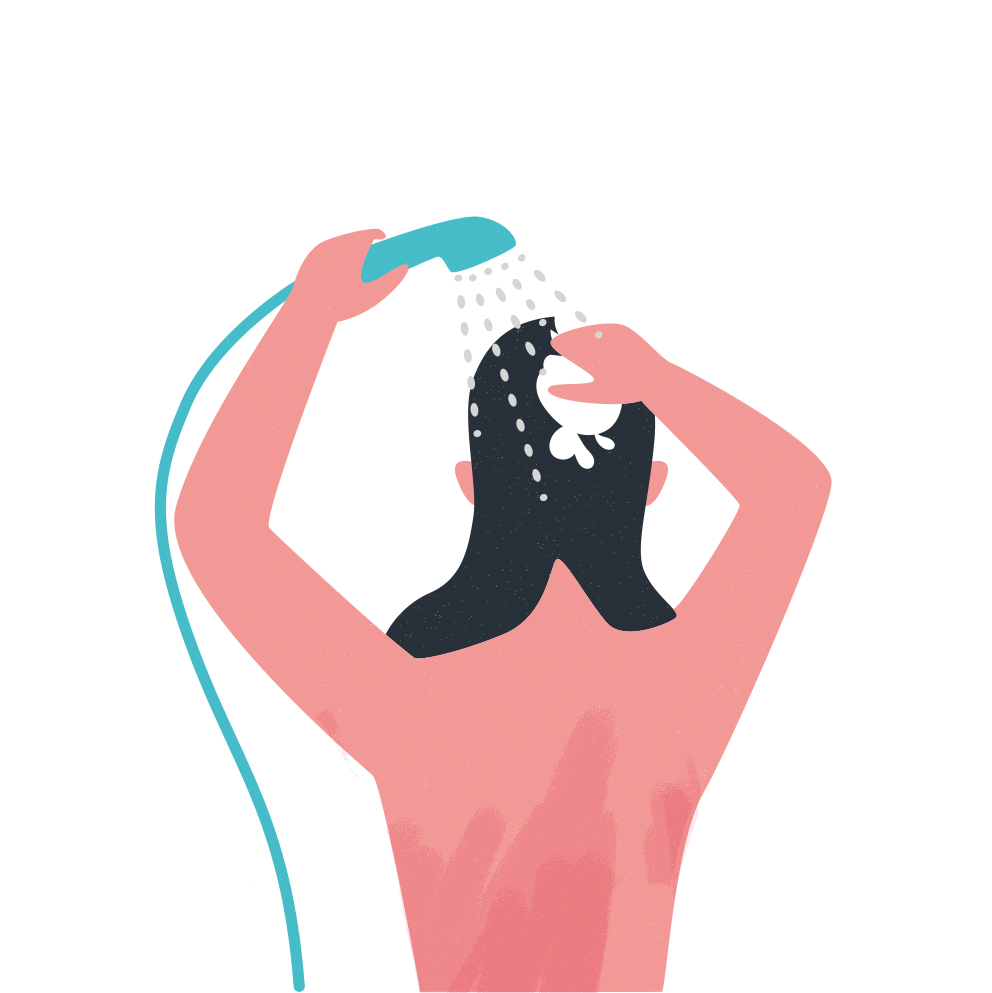 Ilustración de una mujer lavándose el cabello antes de aplicar la mascarilla K18