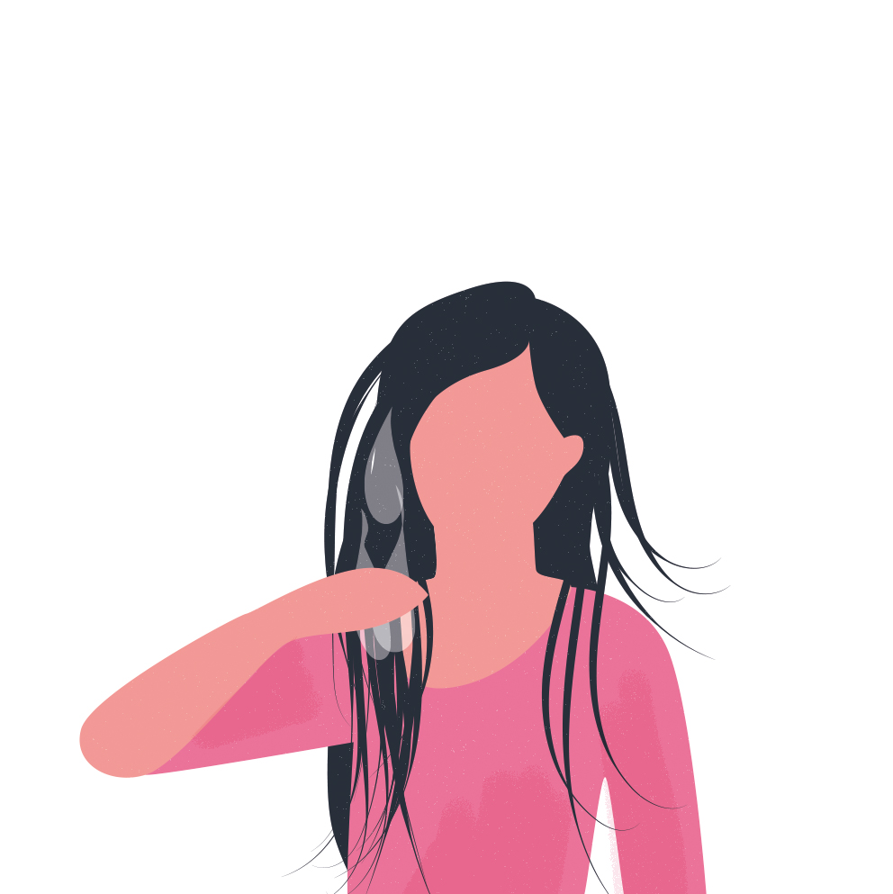 Ilustración de una mujer repartiendo por el cabello la mascarilla K18