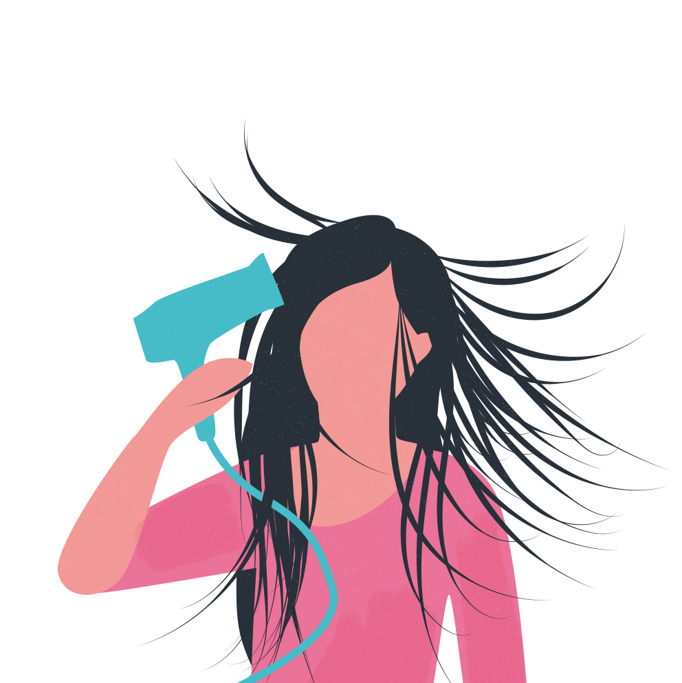 Ilustración de una mujer secándose el cabello tras el uso de la mascarilla K18