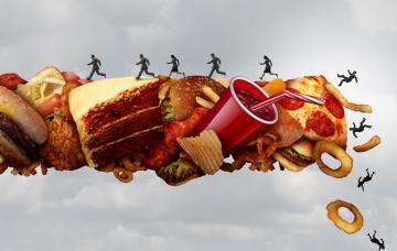 Causas de la litiasis biliar Mujer con sobrepeso sujetando un plato lleno de hamburguesas