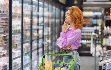 Alimentos enriquecidos o fortificados en los estantes del supermercado Mujer pelirroja en el supermercado dudando que alimento escoger
