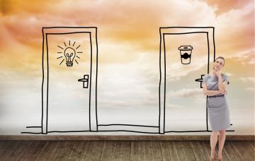 Ilustración conceptual sobre el 'efecto umbral' Mujer duda qué iba a hacer al cambiar de habitación frente a dos puertas dibujadas