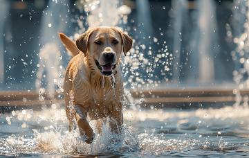 Perro corriendo por el agua para refrescarse