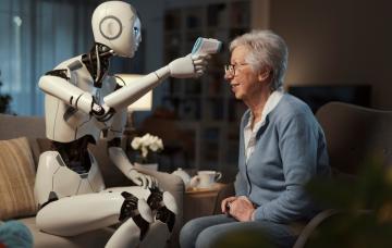 Robot cuida la salud de una anciana Un robot toma la temperatura a una anciana con termómetro digital