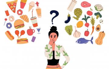 Diferencias entre alimentos ultraprocesados y mínimamente procesados Ilustración de una mujer dudando entre alimentos ultraprocesados y mínimamente procesados