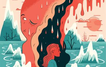Ecoansiedad, vivir con miedo a catástrofes naturales Ilustración de la ansiedad climática, malestar psicológico por desastres naturales