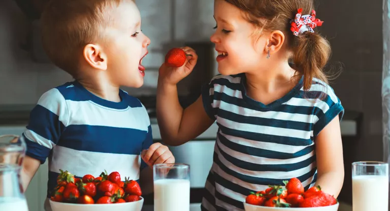 Niña dando de comer fresas a su hermano