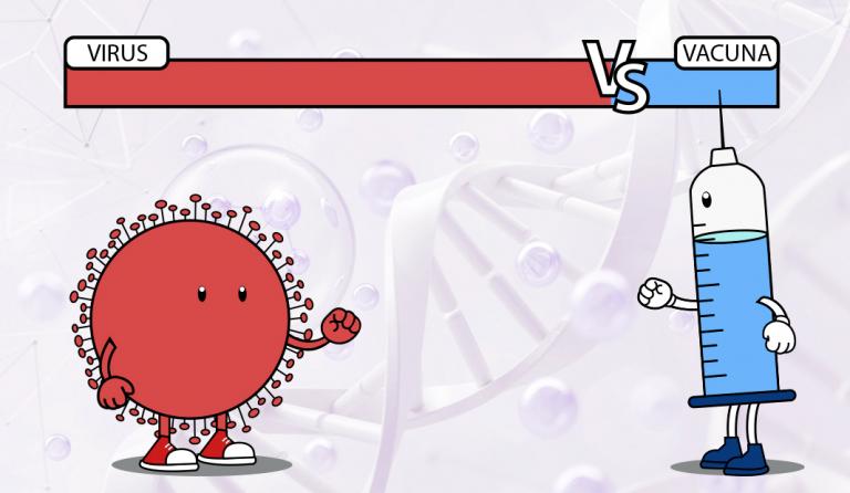 Ilustración de un virus luchando contra una vacuna