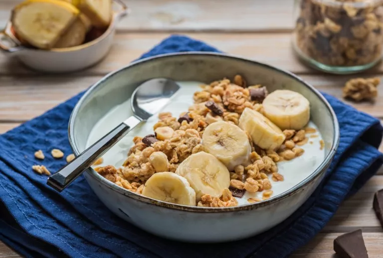 Merienda de yogur con granola y plátano