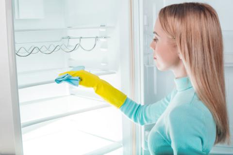 Mujer limpiando y cuidando el estado de su congelador