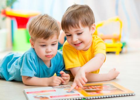 Dos niños miran las imágenes de un libro