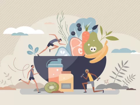 Dieta y alimentos para evitar lesiones deportivas Ilustració conceptual sobre la alimentación para prevenir lesiones en adultos