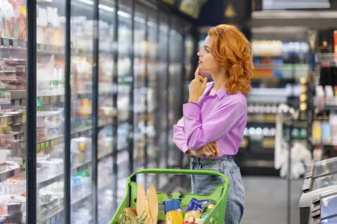Alimentos enriquecidos o fortificados en los estantes del supermercado Mujer pelirroja en el supermercado dudando que alimento escoger