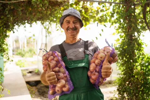 Llevar patatas podría ser una buena medida de la salud de los mayores Hombre mayor sonriendo cargando dos bolsas de patatas