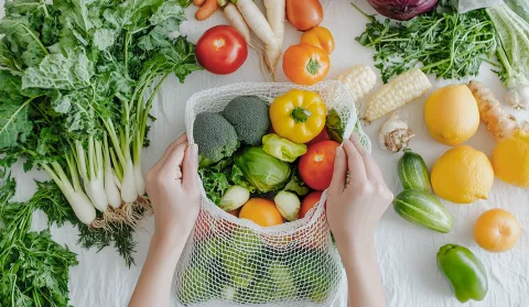 El reto de las 30 plantas a la semana Primer plano de las manos colocando verduras en una bolsa
