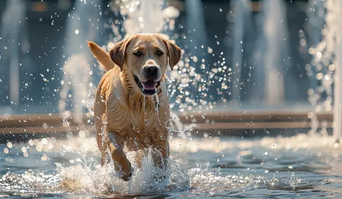 Perro mojándose por el calor Perro corriendo por el agua para refrescarse