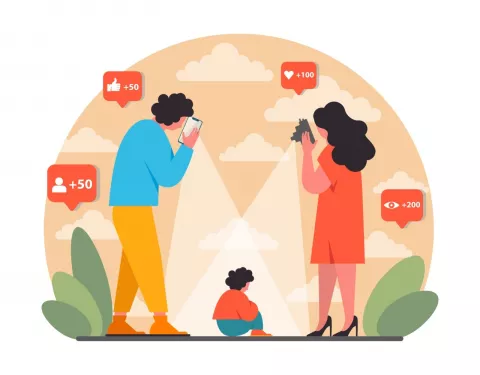 Ilustración de padres haciendo fotos a su hijo para las redes sociales