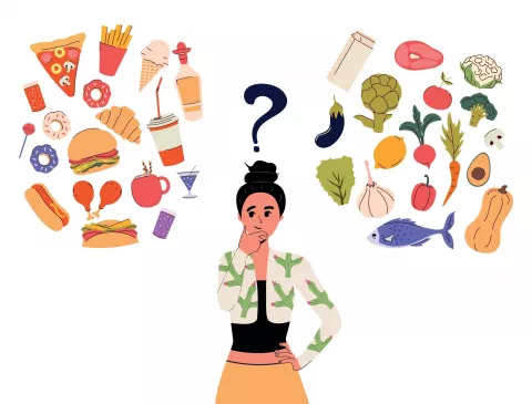 Diferencias entre alimentos ultraprocesados y mínimamente procesados Ilustración de una mujer dudando entre alimentos ultraprocesados y mínimamente procesados
