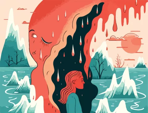 Ecoansiedad, vivir con miedo a catástrofes naturales Ilustración de la ansiedad climática, malestar psicológico por desastres naturales