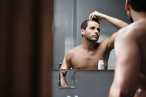 Finasterida, pérdida de cabello y salud mental Hombre de mediana edad se mira preocupado en el espejo por la pérdida de cabello