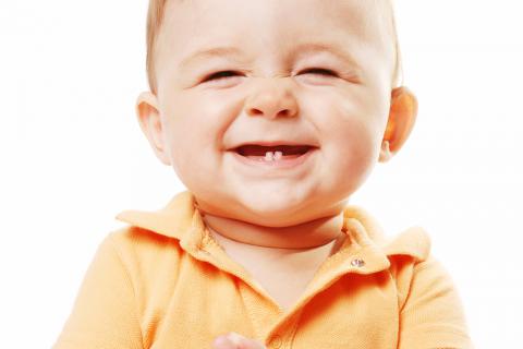 Un bebé sonríe mostrando sus primeros dientes