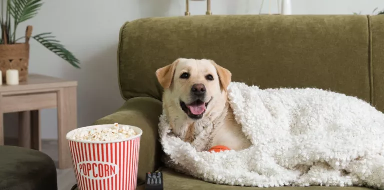 Perro labrador arropado y tumbado en un sofá junto a cubo de palomitas y mando tv