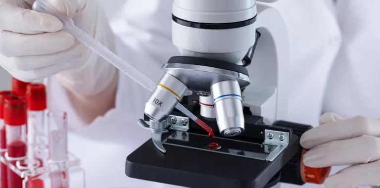 Científico analiza una muestra de sangre bajo el microscopio
