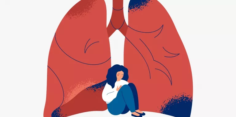 Ilustración de una mujer con problemas respiratorios sentada con unos pulmones detrás