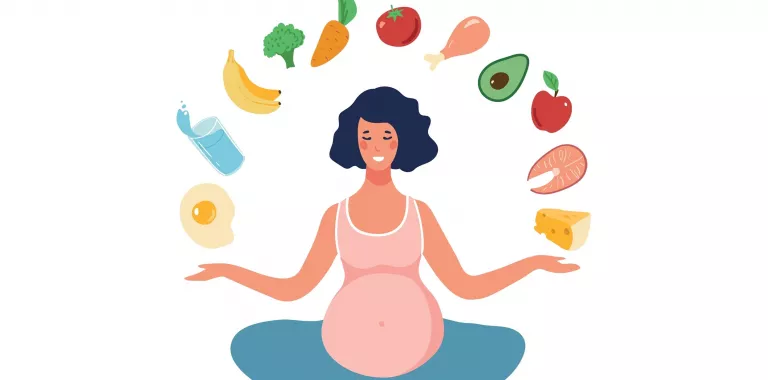 Ilustración de una embarazada con varios alimentos saludables sobre su cabeza