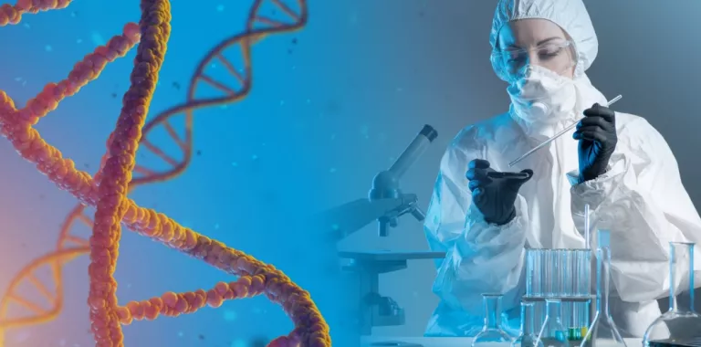 Científica investiga sobre Ingeniería genética con moléculas de ADN en primer plano