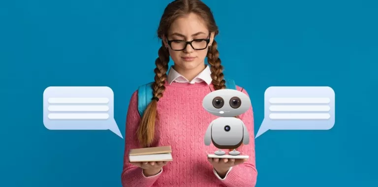 Chica estudiante con trenzas sostiene un libro y una tablet con un dibujo de IA