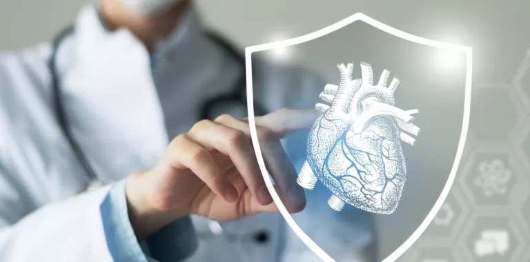 Holograma del corazón sobre una pantalla que señala un médico Médico señala un holograma del corazón representado en una pantalla