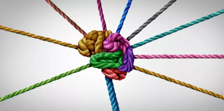 Cuerdas de distintos colores conforman un cerebro humano Ilustración de un cerebro formado por cuerdas de diferentes colores