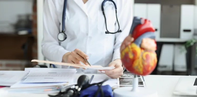Cardiólogo examina un cardiograma con un modelo de corazón artificial en primer plano