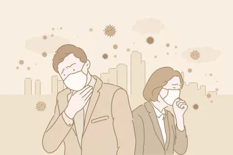 Gotas respiratorias con coronavirus Personas tosiendo con altas temperaturas