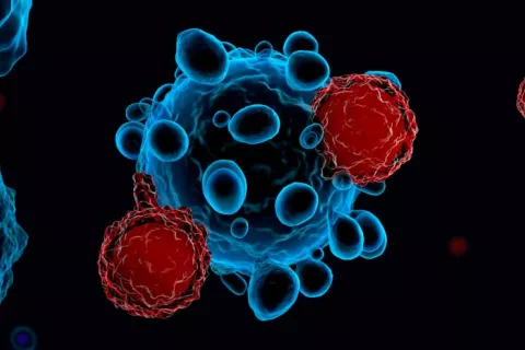 Células T atacando al virus Covid-19 lustración 3d de células del sistema inmunitario T que atacan al covid-19