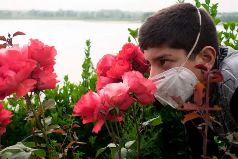 Joven intentando oler una rosa de un jardín