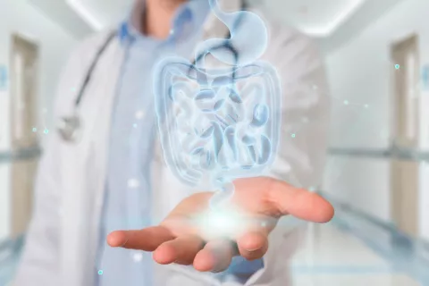 Describen un nuevo método de edición de la microbiota intestinal Médico sosteniendo una proyección holográfica de el intestino humano