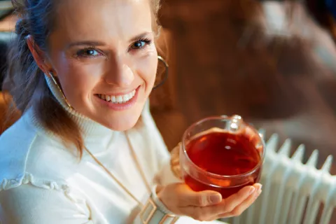 Flavonoles antioxidantes ayudan a ralentizar la pérdida de memoria Mujer joven tomando una taza de té