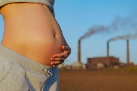 Mujer embaraza junto a unas fábricas contaminantes