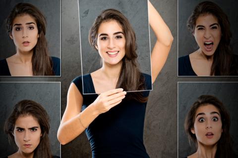 Mujer con diferentes gestos faciales que expresan distintas emociones