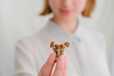 Chica joven mostrando hongos alucinógenos
