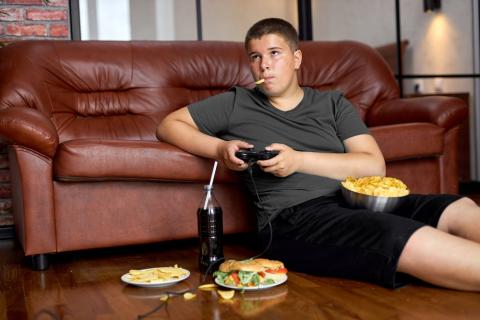 NIño obeso comiendo &#039;fast food&#039; en el sofá de su casa y jugando a la videoconsola