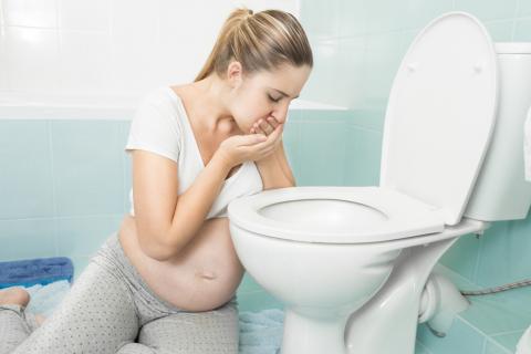 Mujer embarazada sentada junto al inodoro por culpa de las náuseas