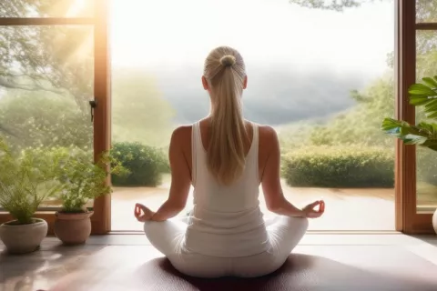 Mujer practica mindfulness sentada frente a una ventana abierta