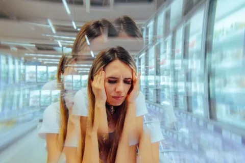 Los síntomas que preceden a la migraña se pueden aliviar con el fármaco ubrogepant Mujer se toca las sienes con síntomas de mareo