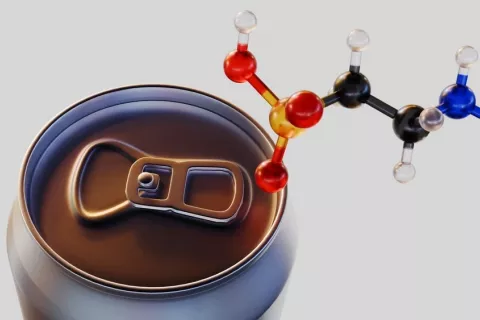 Lata de bebida energética con taurina Renderización de moléculas 3D de Taurina y lata de bebida energética sin marca