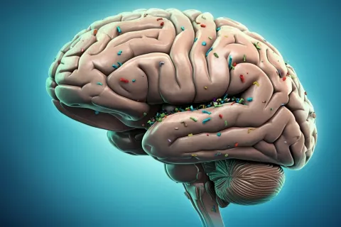 Microplásticos se acumulan en el cerebro humano Un cerebro con microplásticos de colores sobre fondo azul
